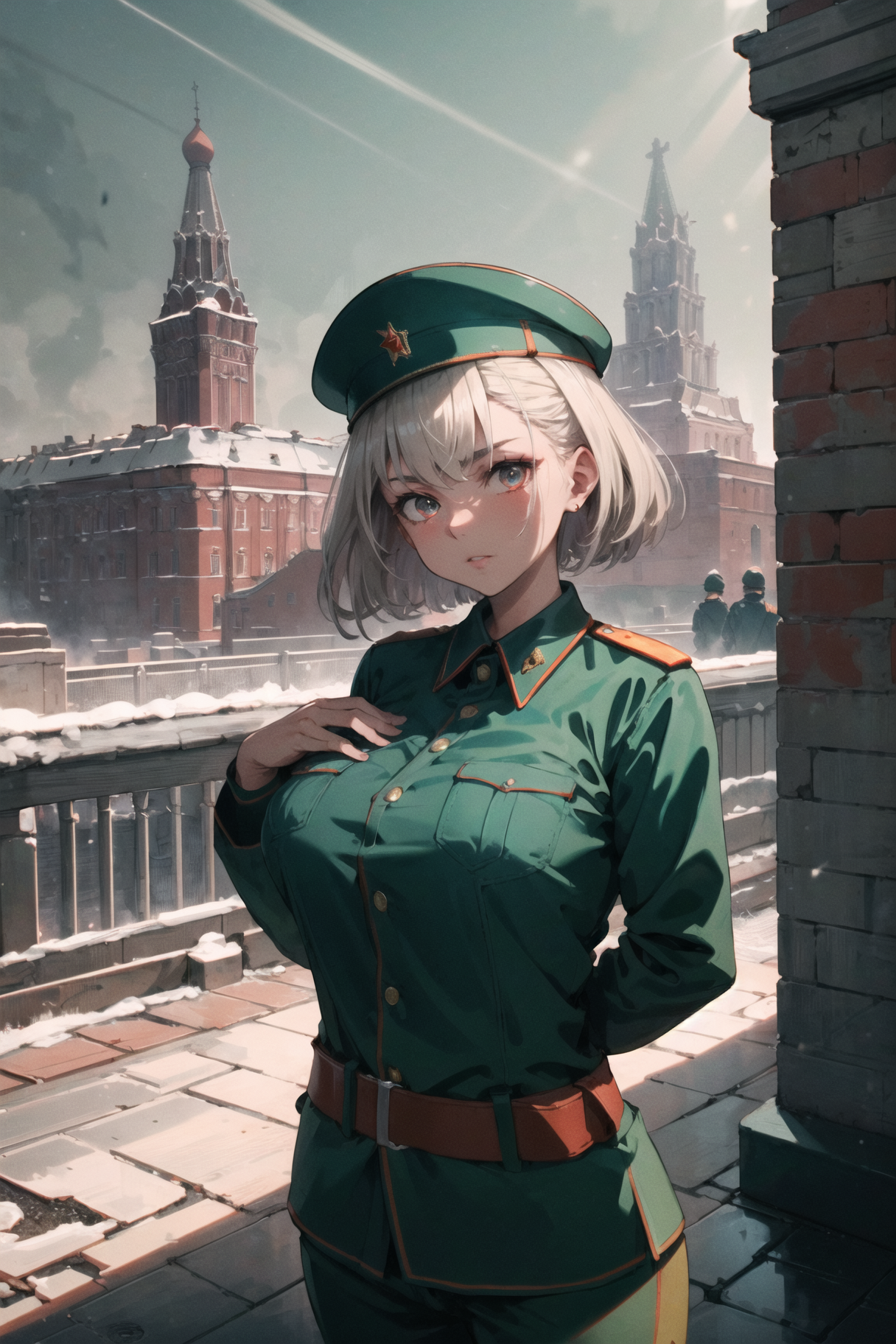 best quality, ultra-detailed, best shadow, cinematic light, hyper detail, mature female, green military uniform, (soviet a...